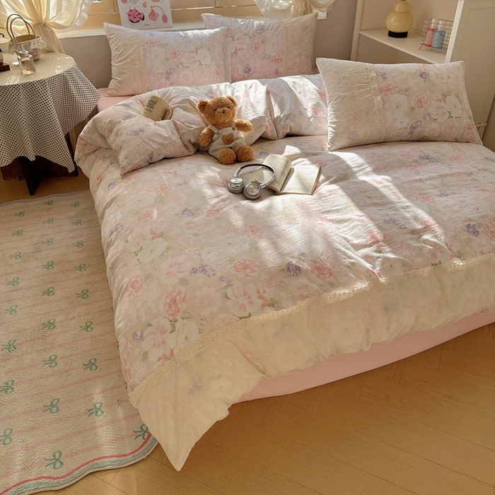 91家纺网 家纺一手货源 找家纺 桃心家居 2025新款云感水洗棉蕾丝花边四件套 水洗棉花边-蕾丝粉恋