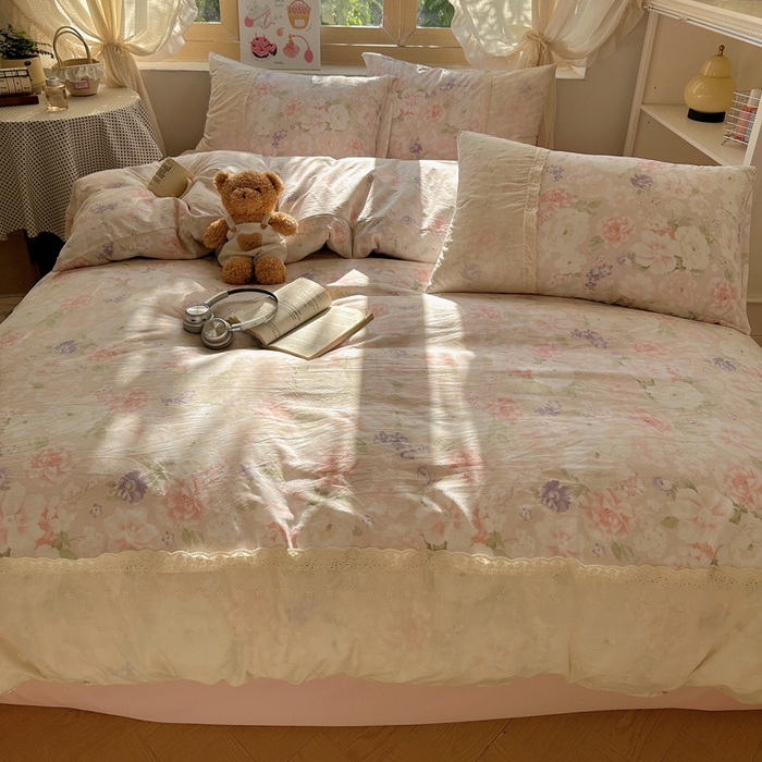 91家纺网 家纺一手货源 找家纺 桃心家居 2025新款云感水洗棉蕾丝花边四件套 水洗棉花边-蕾丝粉恋