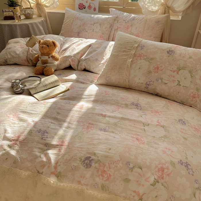 91家纺网 家纺一手货源 找家纺 桃心家居 2025新款云感水洗棉蕾丝花边四件套 水洗棉花边-蕾丝粉恋