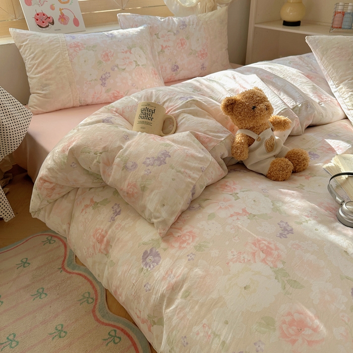 91家纺网 家纺一手货源 找家纺 桃心家居 2025新款云感水洗棉蕾丝花边四件套 水洗棉花边-蕾丝粉恋