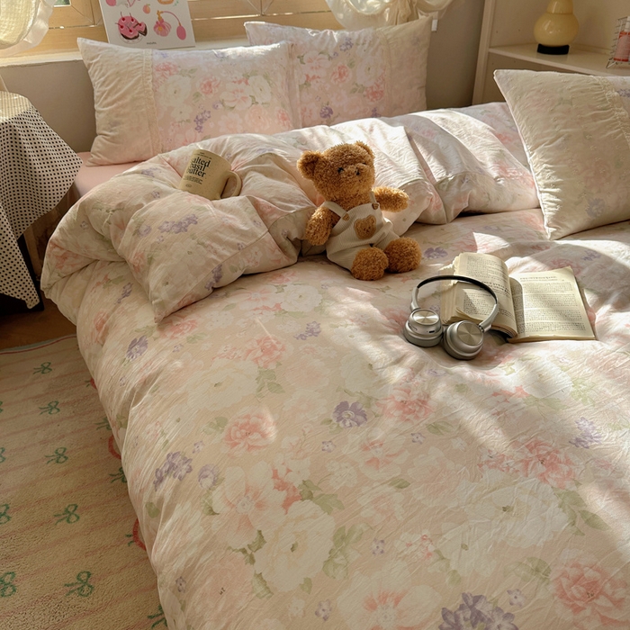 91家纺网 家纺一手货源 找家纺 桃心家居 2025新款云感水洗棉蕾丝花边四件套 水洗棉花边-蕾丝粉恋