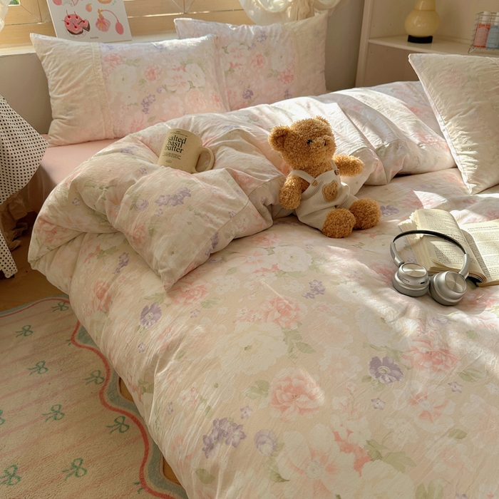 91家纺网 家纺一手货源 找家纺 桃心家居 2025新款云感水洗棉蕾丝花边四件套 水洗棉花边-蕾丝粉恋