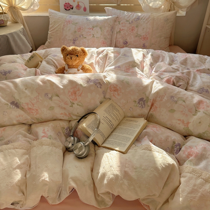 91家纺网 家纺一手货源 找家纺 桃心家居 2025新款云感水洗棉蕾丝花边四件套 水洗棉花边-蕾丝粉恋