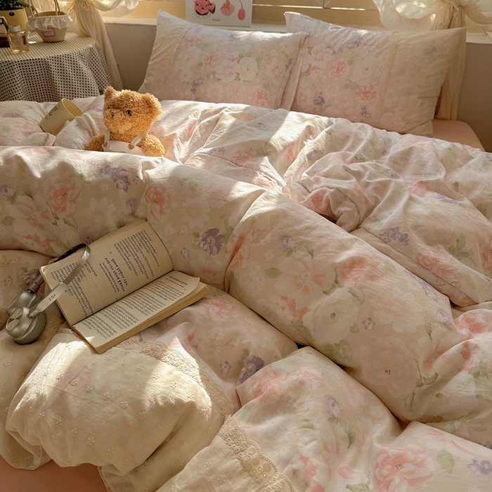 91家纺网 家纺一手货源 找家纺 桃心家居 2025新款云感水洗棉蕾丝花边四件套 水洗棉花边-蕾丝粉恋