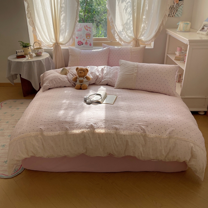 91家纺网 家纺一手货源 找家纺 桃心家居 2025新款云感水洗棉蕾丝花边四件套 水洗棉花边-蕾丝粉桃粉粉