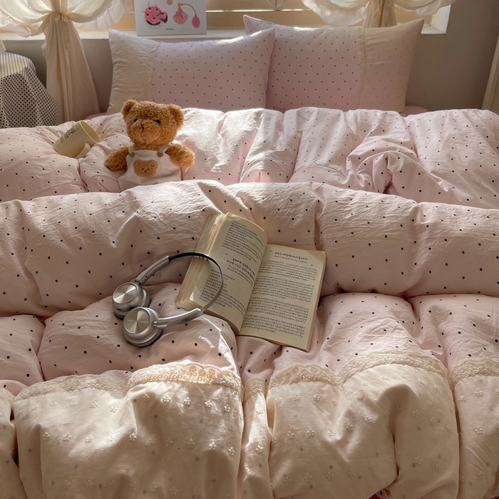 91家纺网 家纺一手货源 找家纺 桃心家居 2025新款云感水洗棉蕾丝花边四件套 水洗棉花边-蕾丝粉桃粉粉