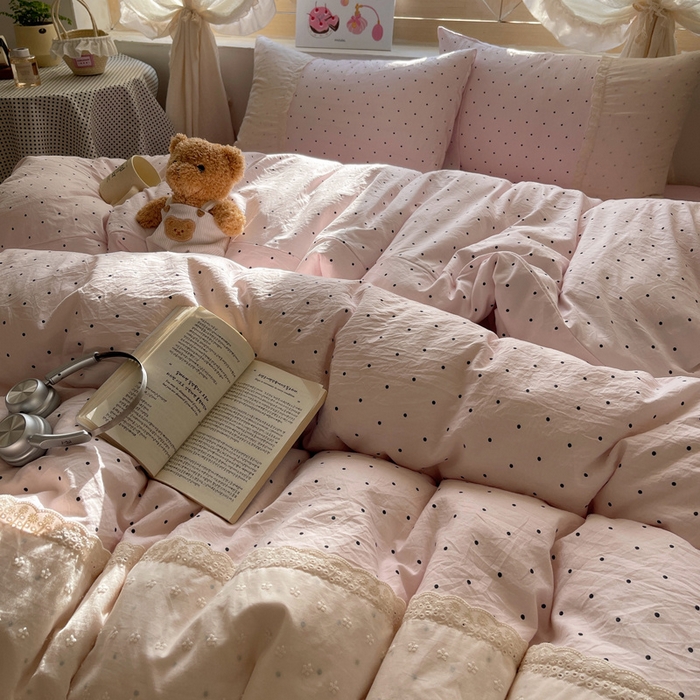 91家纺网 家纺一手货源 找家纺 桃心家居 2025新款云感水洗棉蕾丝花边四件套 水洗棉花边-蕾丝粉桃粉粉