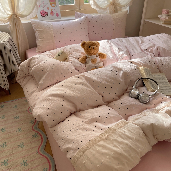 91家纺网 家纺一手货源 找家纺 桃心家居 2025新款云感水洗棉蕾丝花边四件套 水洗棉花边-蕾丝粉桃粉粉