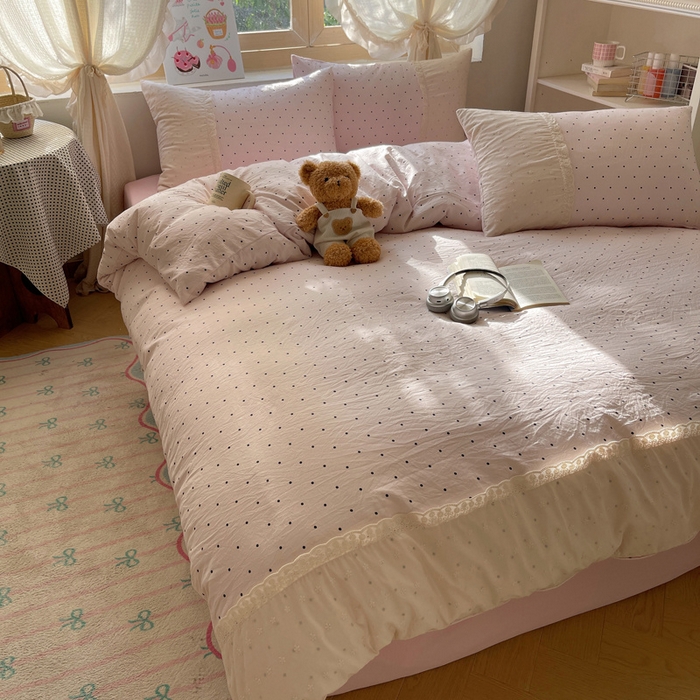 91家纺网 家纺一手货源 找家纺 桃心家居 2025新款云感水洗棉蕾丝花边四件套 水洗棉花边-蕾丝粉桃粉粉