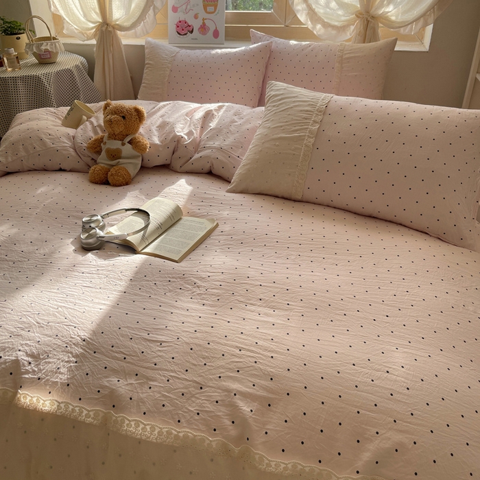 91家纺网 家纺一手货源 找家纺 桃心家居 2025新款云感水洗棉蕾丝花边四件套 水洗棉花边-蕾丝粉桃粉粉