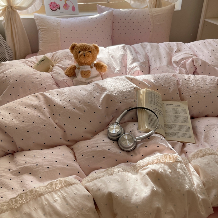 91家纺网 家纺一手货源 找家纺 桃心家居 2025新款云感水洗棉蕾丝花边四件套 水洗棉花边-蕾丝粉桃粉粉