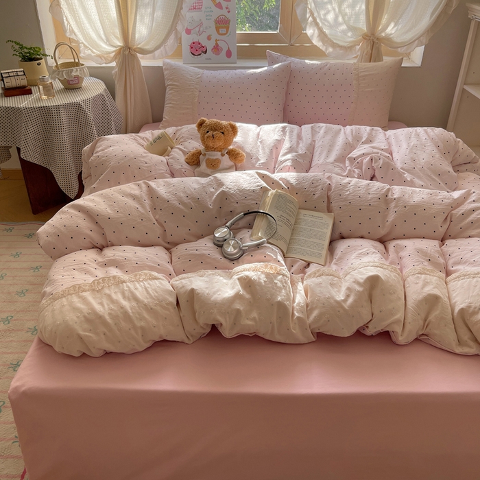 91家纺网 家纺一手货源 找家纺 桃心家居 2025新款云感水洗棉蕾丝花边四件套 水洗棉花边-蕾丝粉桃粉粉