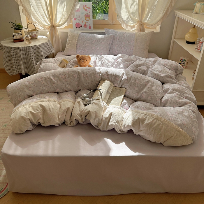 91家纺网 家纺一手货源 找家纺 桃心家居 2025新款云感水洗棉蕾丝花边四件套 水洗棉花边-蕾丝花境