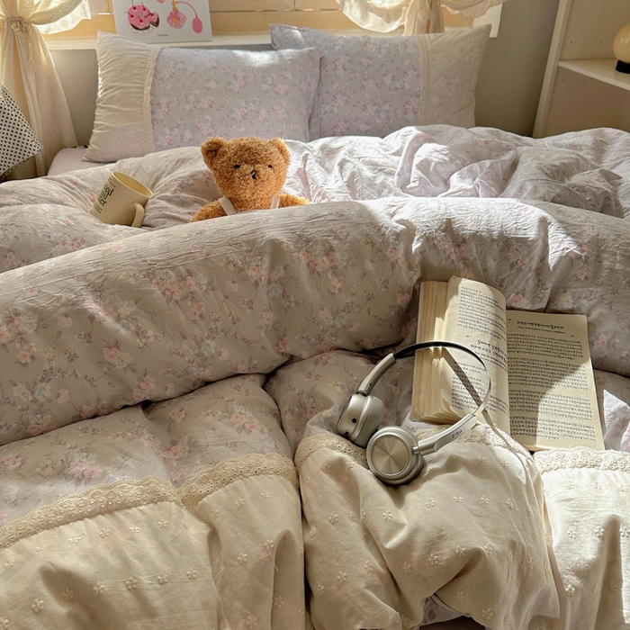 91家纺网 家纺一手货源 找家纺 桃心家居 2025新款云感水洗棉蕾丝花边四件套 水洗棉花边-蕾丝花境