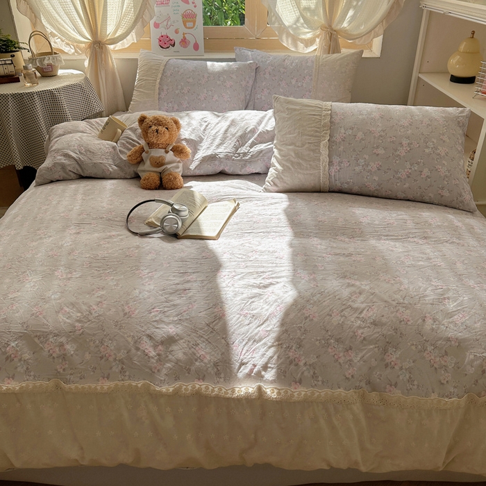 91家纺网 家纺一手货源 找家纺 桃心家居 2025新款云感水洗棉蕾丝花边四件套 水洗棉花边-蕾丝花境