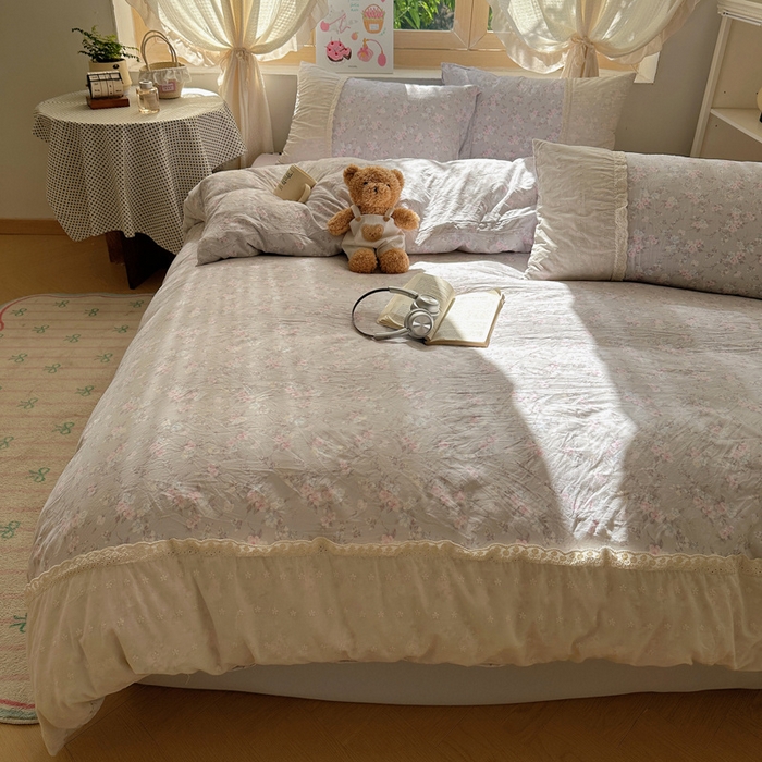 91家纺网 家纺一手货源 找家纺 桃心家居 2025新款云感水洗棉蕾丝花边四件套 水洗棉花边-蕾丝花境