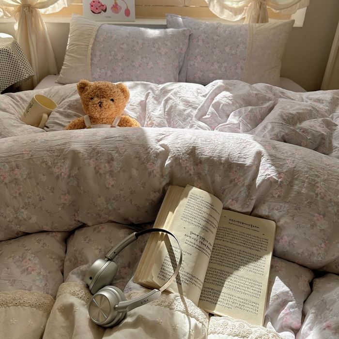 91家纺网 家纺一手货源 找家纺 桃心家居 2025新款云感水洗棉蕾丝花边四件套 水洗棉花边-蕾丝花境