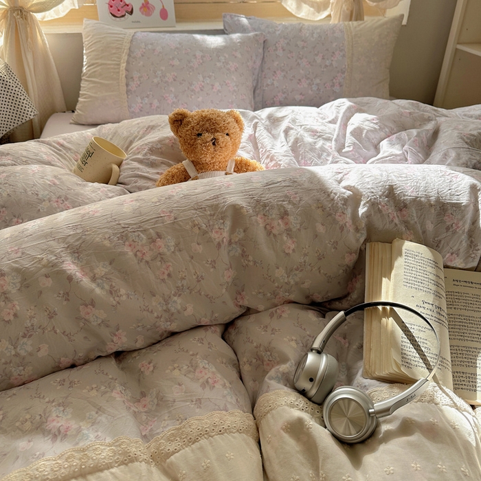 91家纺网 家纺一手货源 找家纺 桃心家居 2025新款云感水洗棉蕾丝花边四件套 水洗棉花边-蕾丝花境