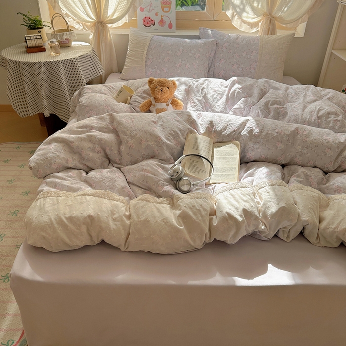 91家纺网 家纺一手货源 找家纺 桃心家居 2025新款云感水洗棉蕾丝花边四件套 水洗棉花边-蕾丝花境