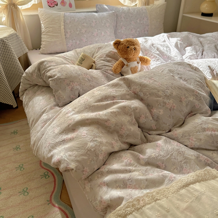 91家纺网 家纺一手货源 找家纺 桃心家居 2025新款云感水洗棉蕾丝花边四件套 水洗棉花边-蕾丝花境