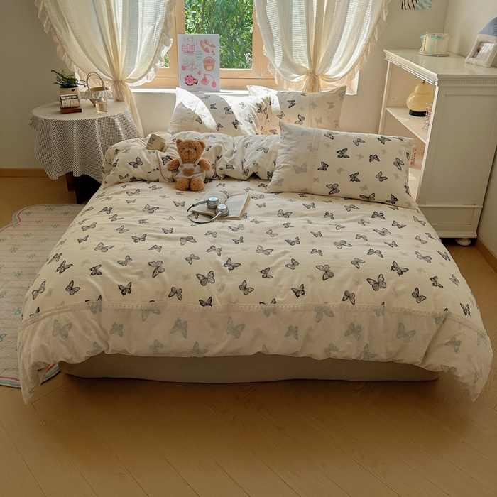 91家纺网 家纺一手货源 找家纺 桃心家居 2025新款云感水洗棉蕾丝花边四件套 水洗棉花边-蕾丝幻蝶