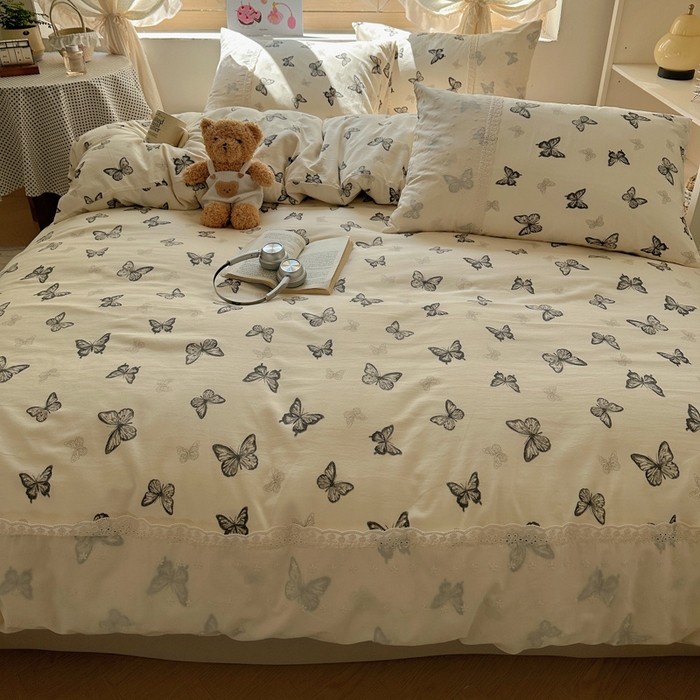 91家纺网 家纺一手货源 找家纺 桃心家居 2025新款云感水洗棉蕾丝花边四件套 水洗棉花边-蕾丝幻蝶