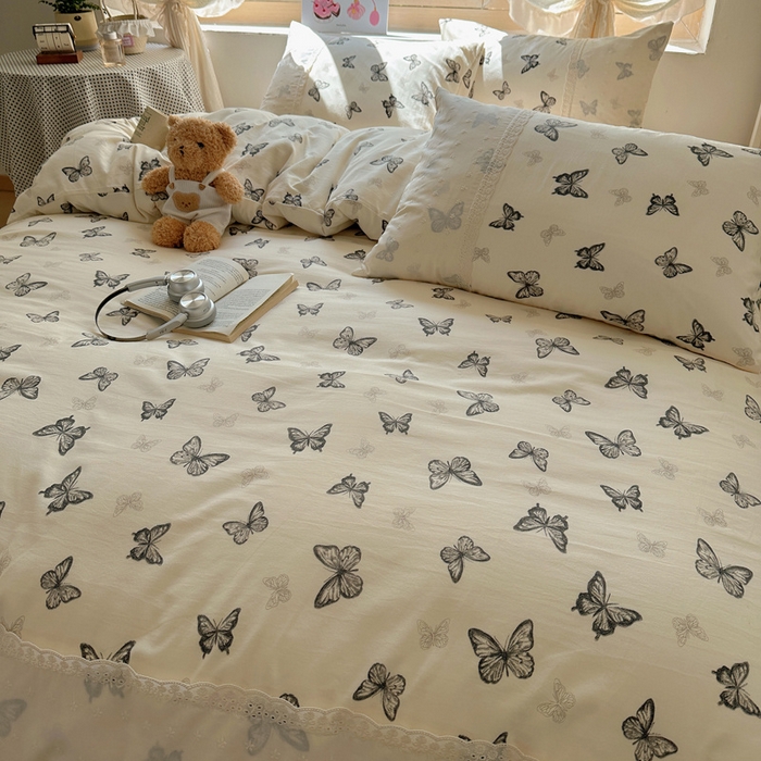 91家纺网 家纺一手货源 找家纺 桃心家居 2025新款云感水洗棉蕾丝花边四件套 水洗棉花边-蕾丝幻蝶