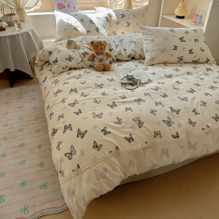 91家纺网 家纺一手货源 找家纺 桃心家居 2025新款云感水洗棉蕾丝花边四件套 水洗棉花边-蕾丝幻蝶