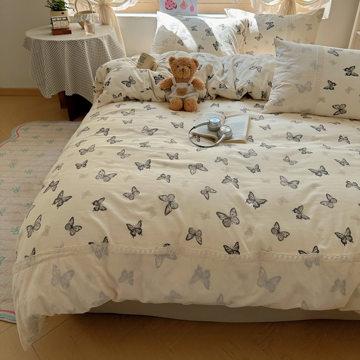 91家纺网 家纺一手货源 找家纺 桃心家居 2025新款云感水洗棉蕾丝花边四件套 水洗棉花边-蕾丝幻蝶