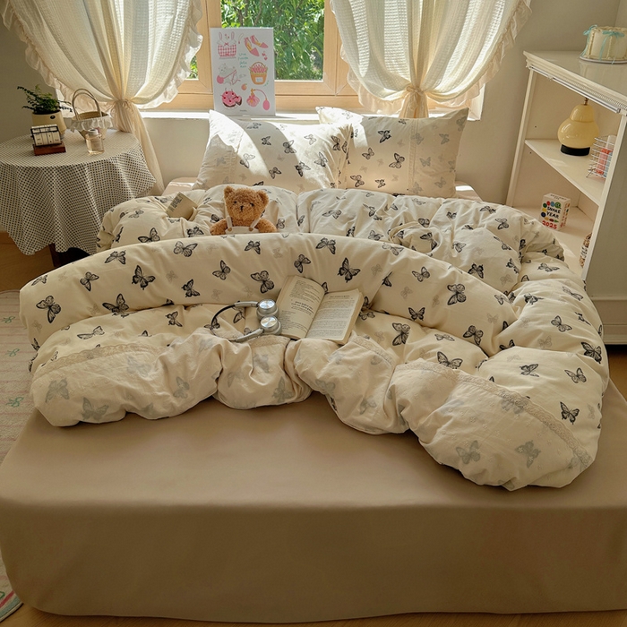 91家纺网 家纺一手货源 找家纺 桃心家居 2025新款云感水洗棉蕾丝花边四件套 水洗棉花边-蕾丝幻蝶