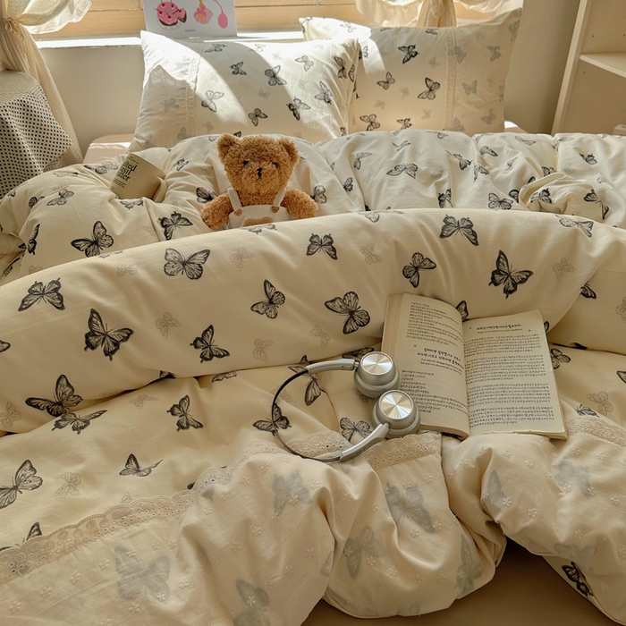 91家纺网 家纺一手货源 找家纺 桃心家居 2025新款云感水洗棉蕾丝花边四件套 水洗棉花边-蕾丝幻蝶