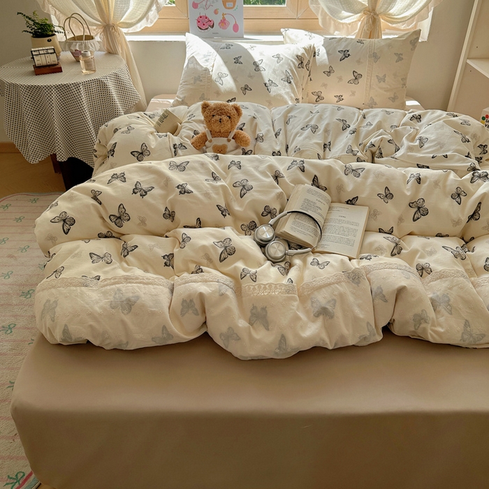 91家纺网 家纺一手货源 找家纺 桃心家居 2025新款云感水洗棉蕾丝花边四件套 水洗棉花边-蕾丝幻蝶