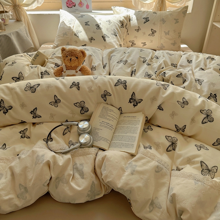 91家纺网 家纺一手货源 找家纺 桃心家居 2025新款云感水洗棉蕾丝花边四件套 水洗棉花边-蕾丝幻蝶