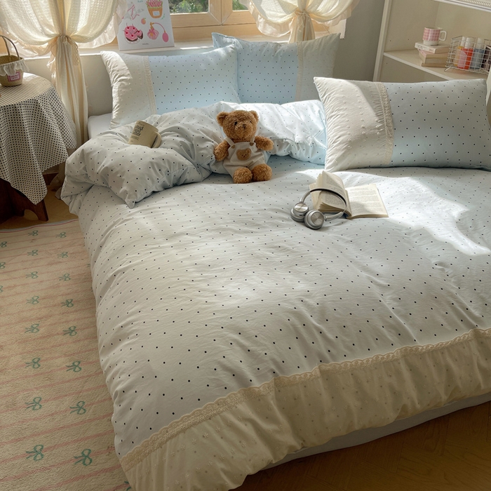 91家纺网 家纺一手货源 找家纺 桃心家居 2025新款云感水洗棉蕾丝花边四件套 水洗棉花边-蕾丝蓝点海盐