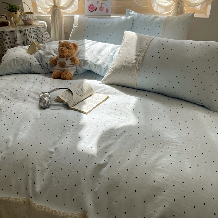 91家纺网 家纺一手货源 找家纺 桃心家居 2025新款云感水洗棉蕾丝花边四件套 水洗棉花边-蕾丝蓝点海盐