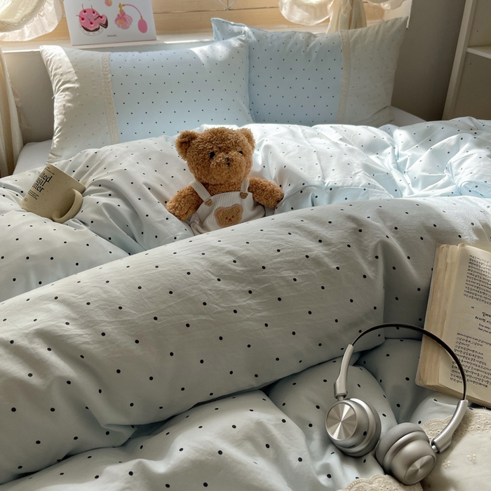 91家纺网 家纺一手货源 找家纺 桃心家居 2025新款云感水洗棉蕾丝花边四件套 水洗棉花边-蕾丝蓝点海盐