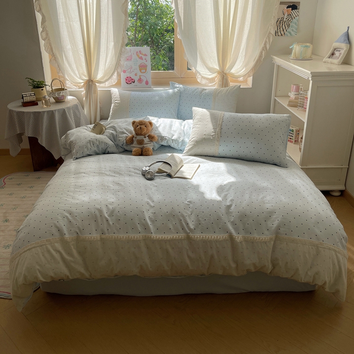 91家纺网 家纺一手货源 找家纺 桃心家居 2025新款云感水洗棉蕾丝花边四件套 水洗棉花边-蕾丝蓝点海盐