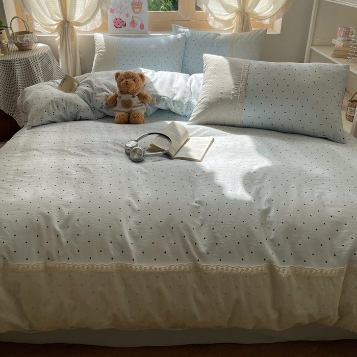 91家纺网 家纺一手货源 找家纺 桃心家居 2025新款云感水洗棉蕾丝花边四件套 水洗棉花边-蕾丝蓝点海盐