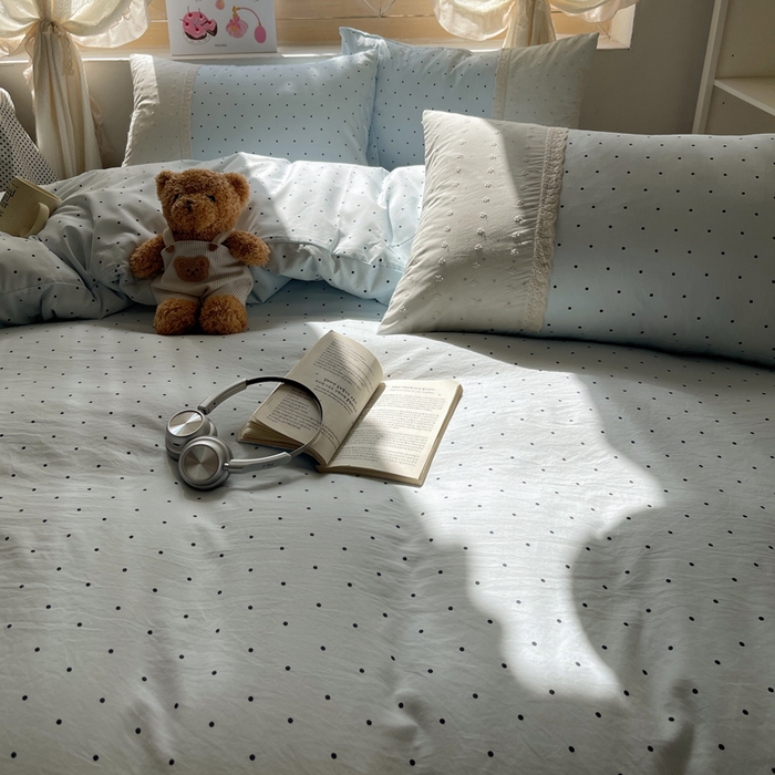 91家纺网 家纺一手货源 找家纺 桃心家居 2025新款云感水洗棉蕾丝花边四件套 水洗棉花边-蕾丝蓝点海盐