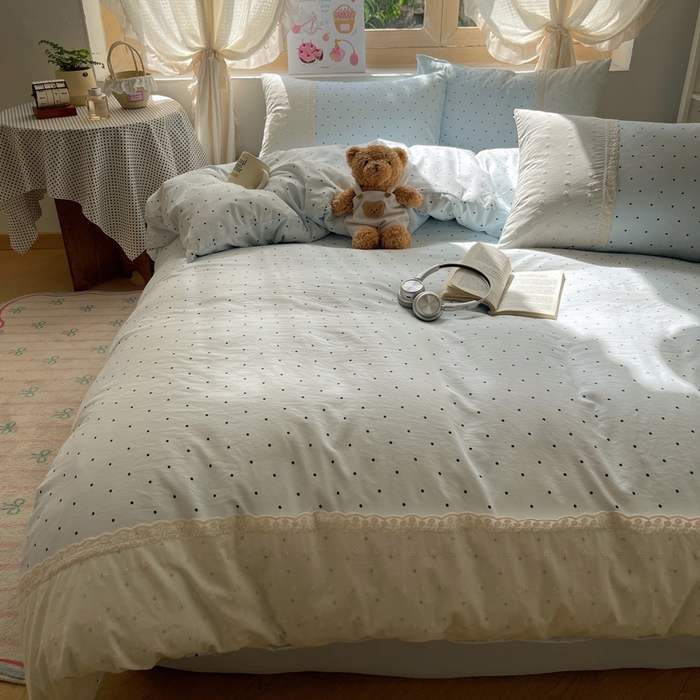 91家纺网 家纺一手货源 找家纺 桃心家居 2025新款云感水洗棉蕾丝花边四件套 水洗棉花边-蕾丝蓝点海盐