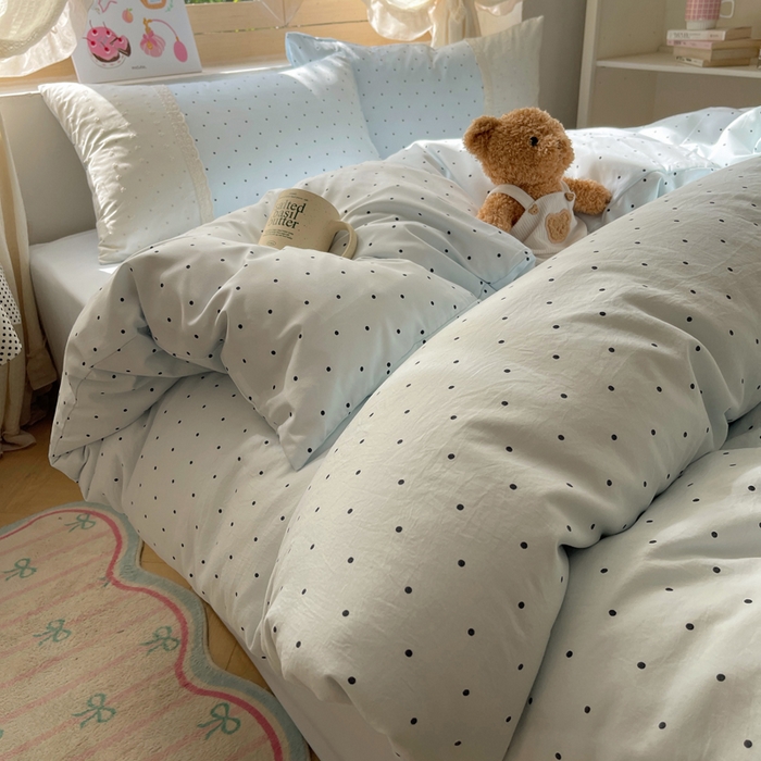 91家纺网 家纺一手货源 找家纺 桃心家居 2025新款云感水洗棉蕾丝花边四件套 水洗棉花边-蕾丝蓝点海盐