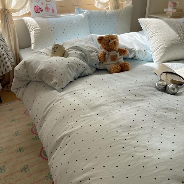 91家纺网 家纺一手货源 找家纺 桃心家居 2025新款云感水洗棉蕾丝花边四件套 水洗棉花边-蕾丝蓝点海盐