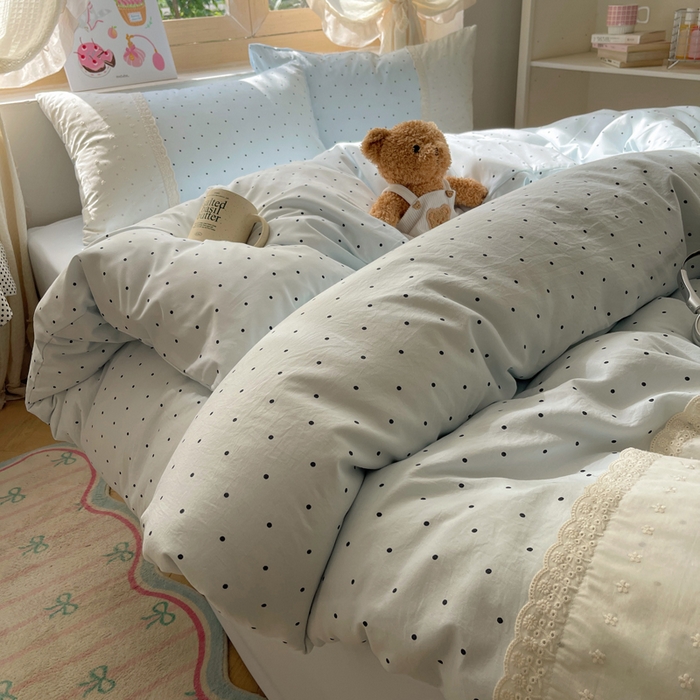 91家纺网 家纺一手货源 找家纺 桃心家居 2025新款云感水洗棉蕾丝花边四件套 水洗棉花边-蕾丝蓝点海盐