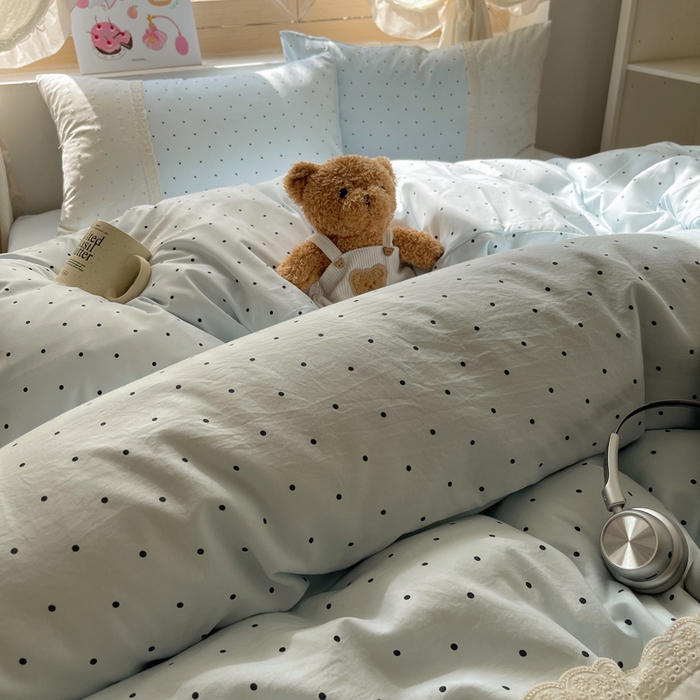 91家纺网 家纺一手货源 找家纺 桃心家居 2025新款云感水洗棉蕾丝花边四件套 水洗棉花边-蕾丝蓝点海盐