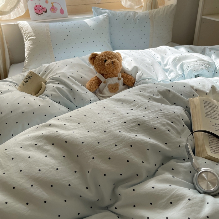 91家纺网 家纺一手货源 找家纺 桃心家居 2025新款云感水洗棉蕾丝花边四件套 水洗棉花边-蕾丝蓝点海盐