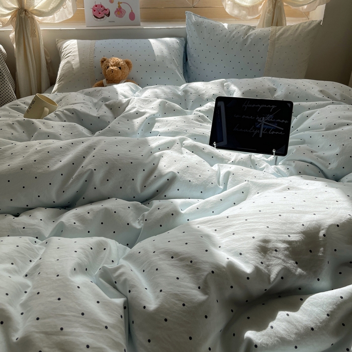 91家纺网 家纺一手货源 找家纺 桃心家居 2025新款云感水洗棉蕾丝花边四件套 水洗棉花边-蕾丝蓝点海盐