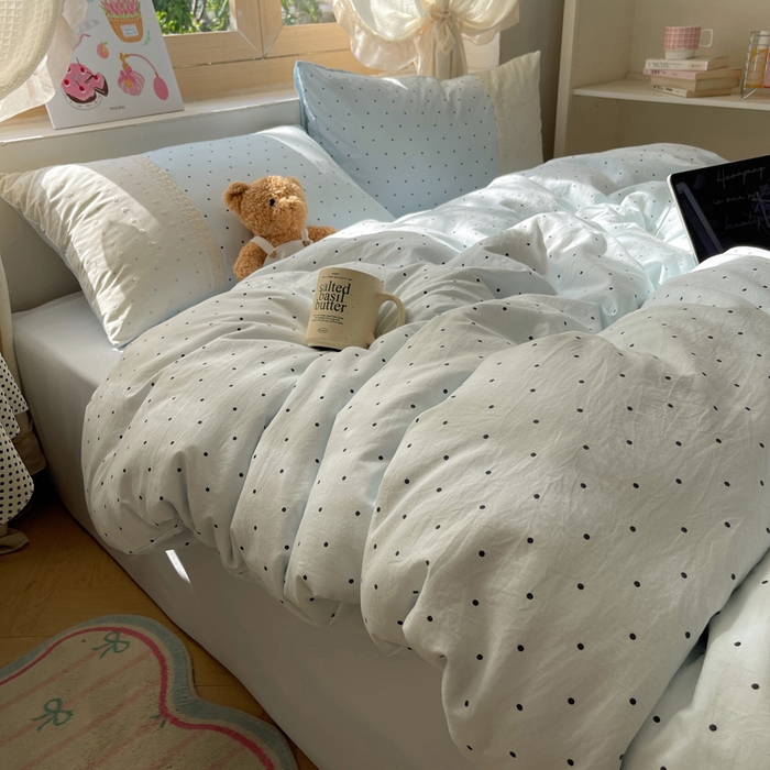 91家纺网 家纺一手货源 找家纺 桃心家居 2025新款云感水洗棉蕾丝花边四件套 水洗棉花边-蕾丝蓝点海盐