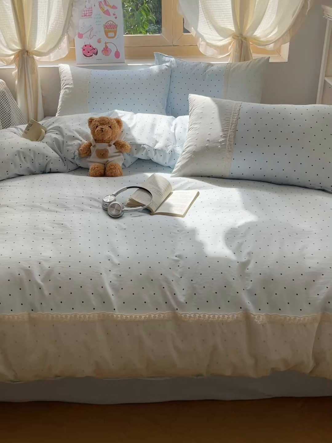 91家纺网 家纺一手货源 找家纺 桃心家居 2025新款云感水洗棉蕾丝花边四件套 水洗棉花边-蕾丝蓝点海盐