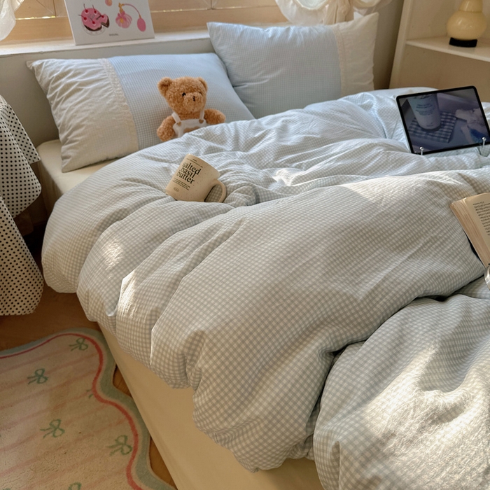 91家纺网 家纺一手货源 找家纺 桃心家居 2025新款云感水洗棉蕾丝花边四件套 水洗棉花边-蕾丝蓝格布丁