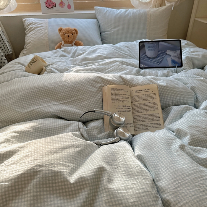 91家纺网 家纺一手货源 找家纺 桃心家居 2025新款云感水洗棉蕾丝花边四件套 水洗棉花边-蕾丝蓝格布丁